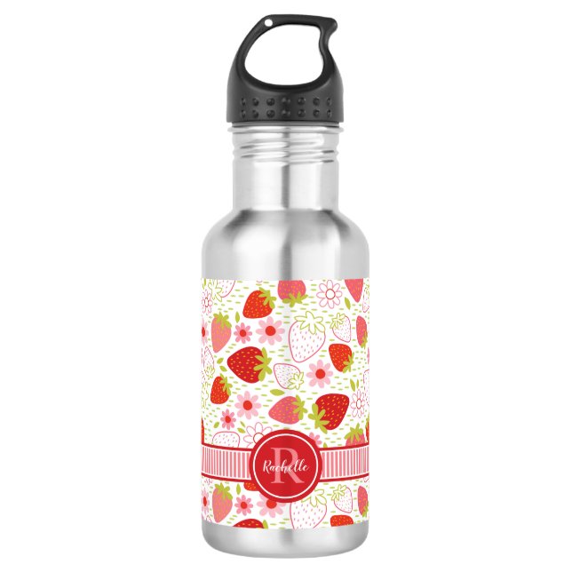 Bouteille D'eau Motif de fruit fraise d'été avec monogramme (Devant)