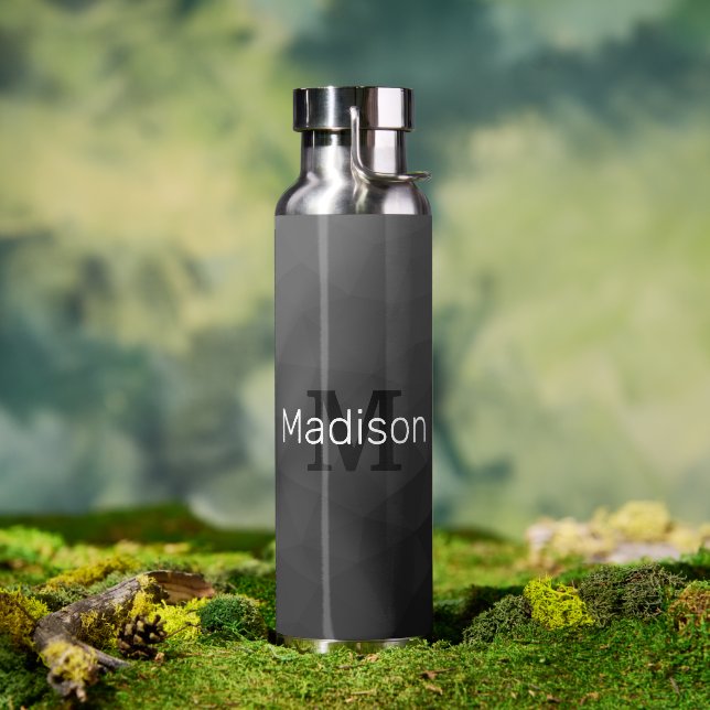 Bouteille D'eau Motif de maille géométrique gris foncé Monogramme (Extérieur)
