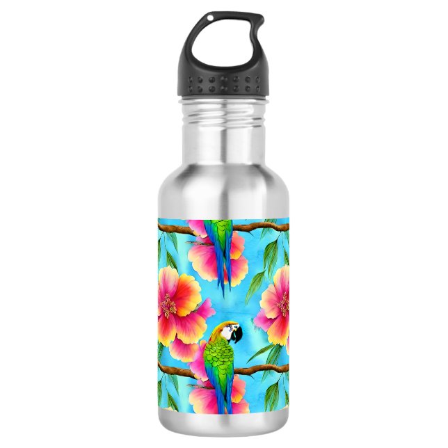 Bouteille D'eau Motif de perroquet et de fleurs tropicales (Devant)