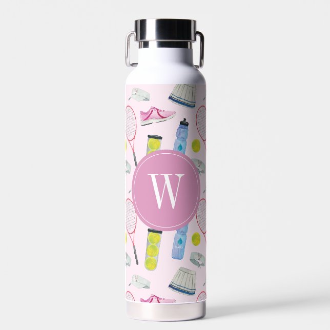 Bouteille D'eau Motif de tennis rose aquarelle Monogramme (Avant)