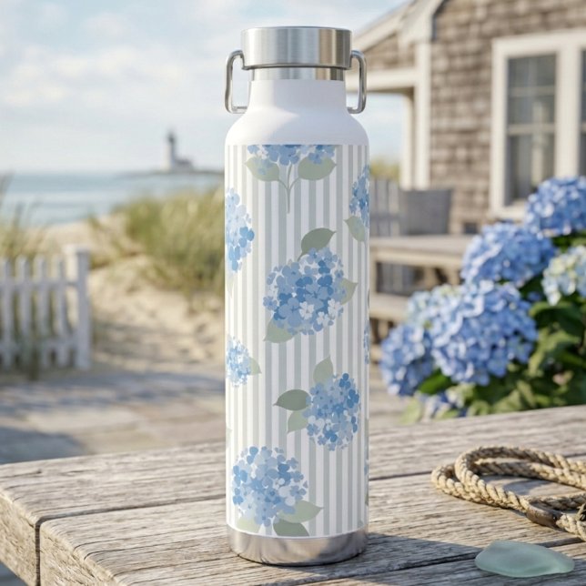 Bouteille D'eau Motif Élégant d'Hydrangea Bleue Rayure Grise (Créateur téléchargé)