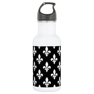 Bouteille D'eau Motif Fleur de Lis, Royal Français, Blanc sur Noir