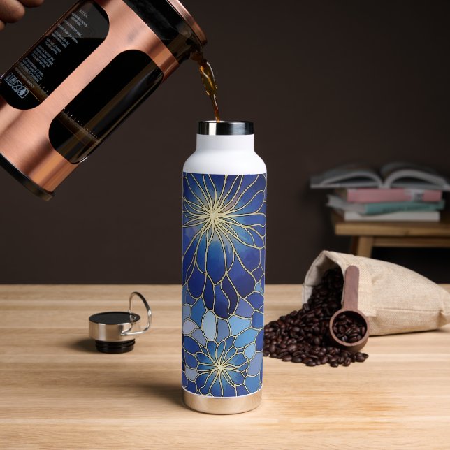 Bouteille D'eau Motif Floral Bleu Or Moderne (Café (pivoté))