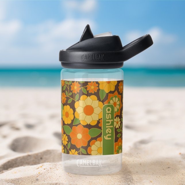 Bouteille D'eau Motif floral tendance rétro avec bloc de nom (Personalized Water Bottle)