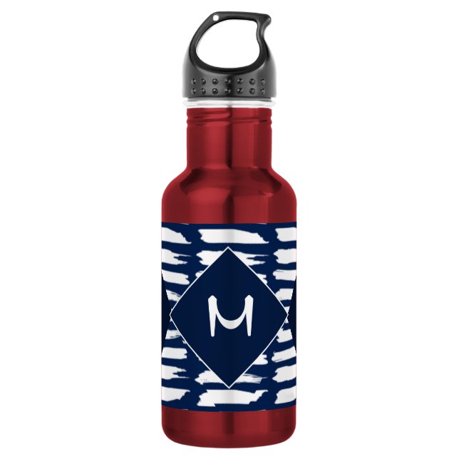 Bouteille D'eau Motif moderne bleu blanc Monogramme élégant (Devant)
