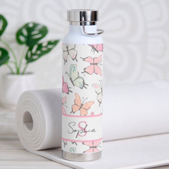 Bouteille D'eau Motif papillon avec nom et monogramme (Créateur téléchargé)