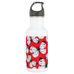 Bouteille D'eau Motif papillon de chou sur rouge