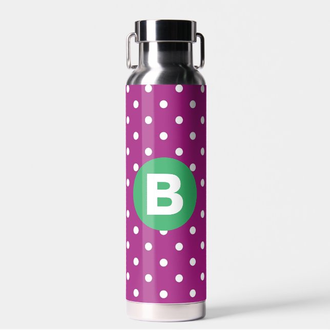 Bouteille D'eau Motif pois violets sur fond vert avec monogramme (Avant)
