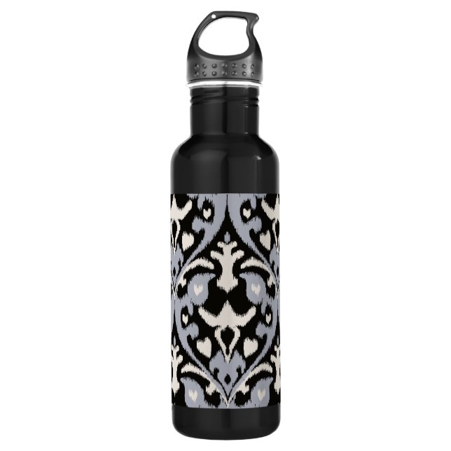 Bouteille D'eau Motif tribal de ikat noir gris moderne (Devant)