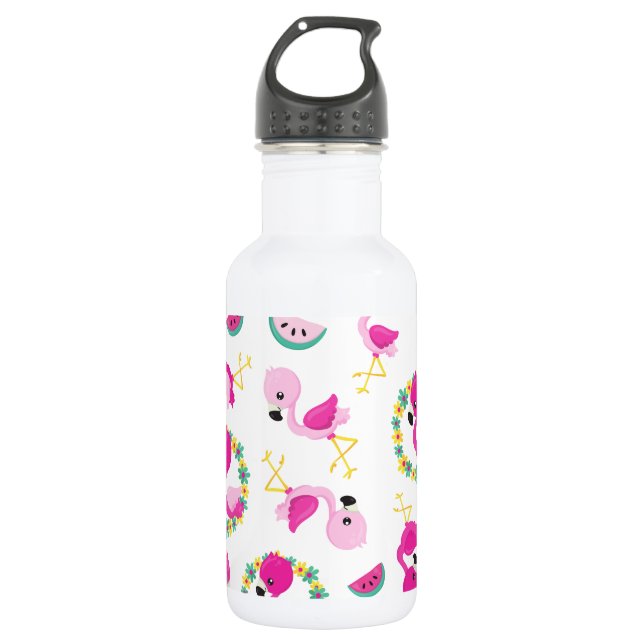 Bouteille D'eau Motif Tropical, Flamants, Pastèques, Fleurs (Devant)