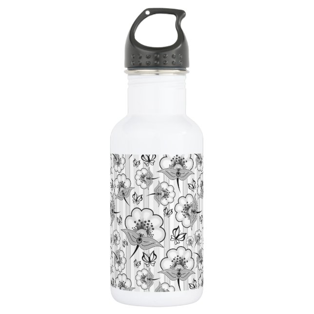 Bouteille D'eau Motifs de fleurs sans couture noir blanc mignons (Devant)