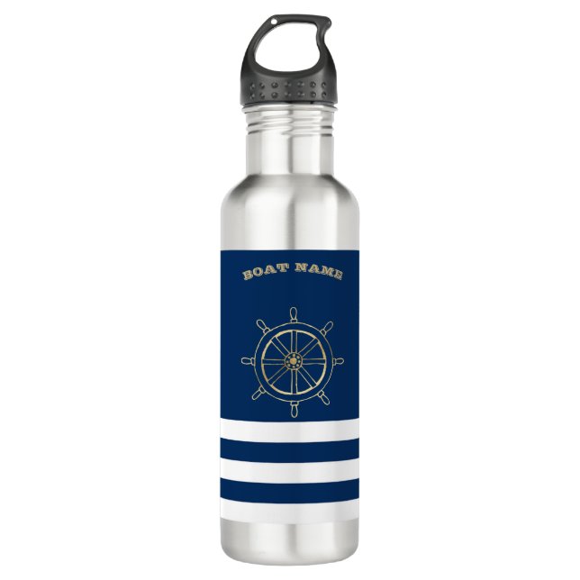 Bouteille D'eau Nautique, Roue de bateau en or, Bleu de marine (Devant)