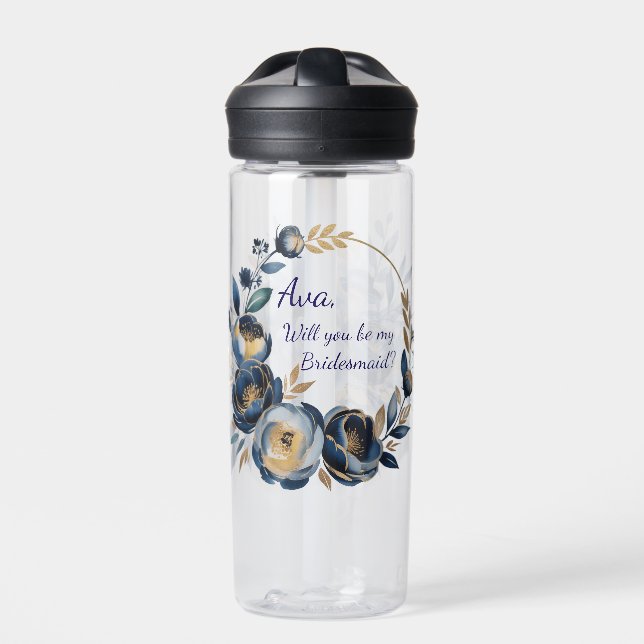 Bouteille D'eau Navy Blue and Gold Peony Flower Wedding Bridesmaid (Extérieur)