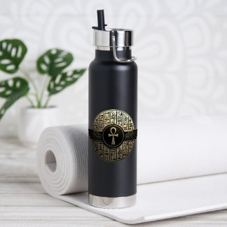 Bouteille D'eau NeoAnkh 3D Ankh aux ailes dorées et hiéroglyphes