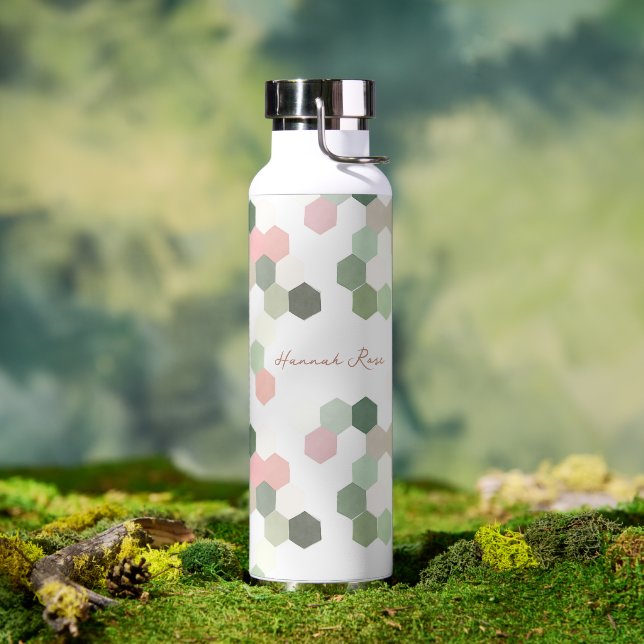 Bouteille D'eau Nid d'abeille géométrique rose et vert | Monogramm (Extérieur)