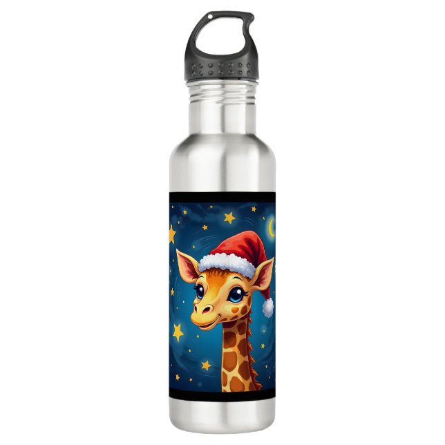 Bouteille D'eau Noël Giraffe Santa Hat Starry Nuit Fête L (Devant)