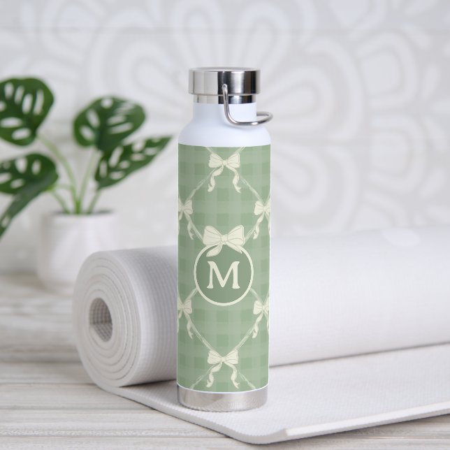 Bouteille D'eau Nœuds Coquette Gingham Monogramme Crème Vert Sauge (Yoga)