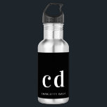 Bouteille D'eau Noir blanc nom monogramme moderne minimaliste<br><div class="desc">Un arrière - plan noir classique. Texte de couleur blanche. Personnalisez et ajoutez vos initiales monographiques et votre nom. Pour lui et elle.</div>