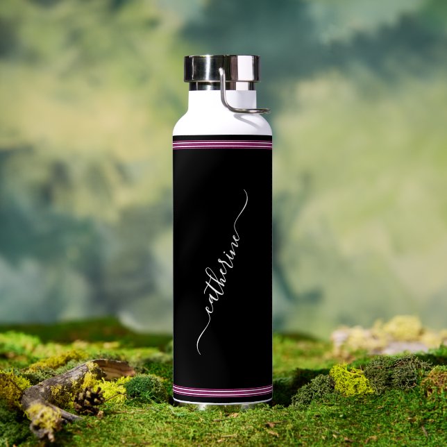 Bouteille D'eau Noir Blanc Rose Chaud Élégant Moderne Nom Script (Extérieur (pivotée))