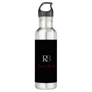 Bouteille D'eau Noir moderne Noir Monogramme Initiales Nom