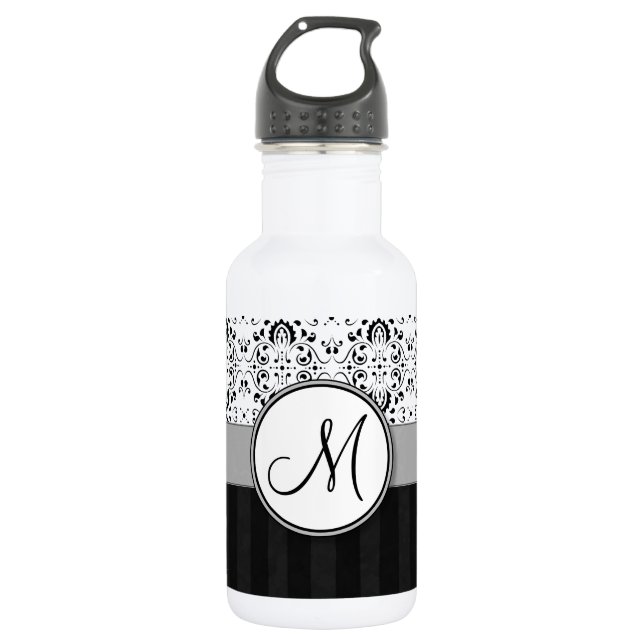 Bouteille D'eau Noir sur blanc Damas et rayures avec Monogramme (Devant)