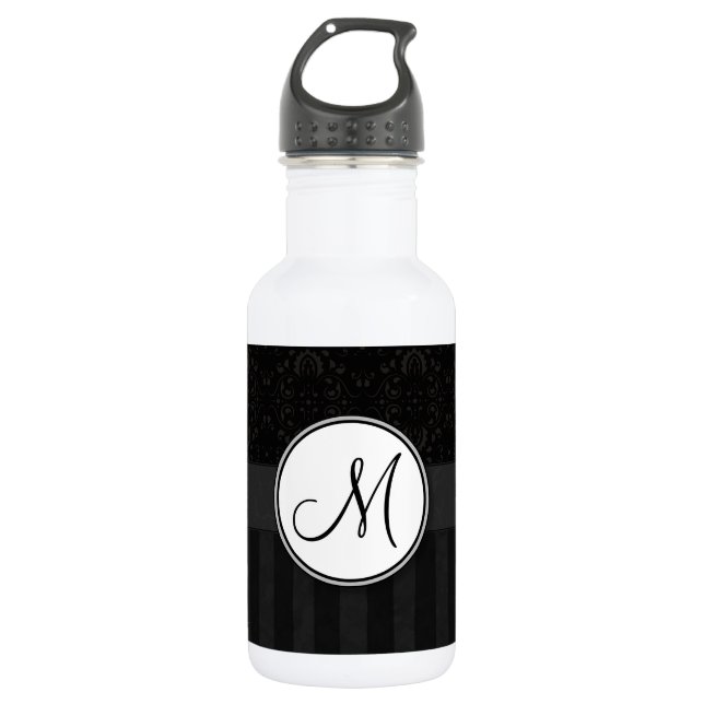 Bouteille D'eau Noir sur Noir Damas et rayures avec Monogramme (Devant)