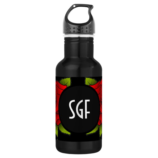 Bouteille d'eau noire avec motif de fleur de rose  (Devant)