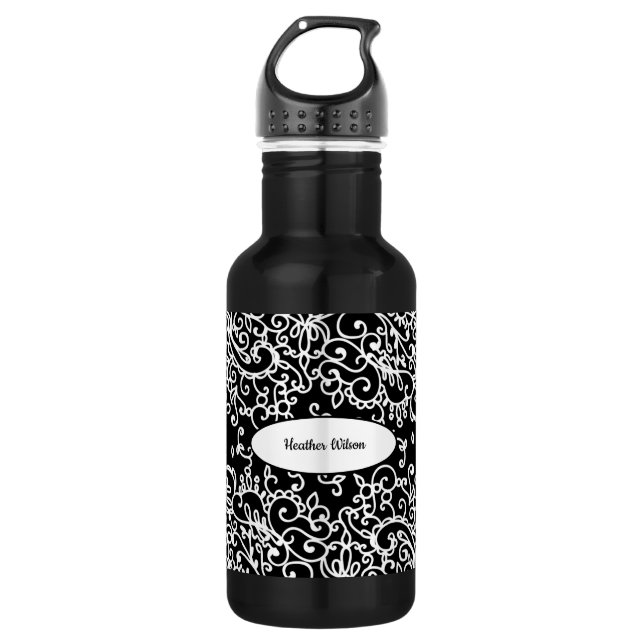 Bouteille d'eau noire blanche à spirale avec nom (Devant)