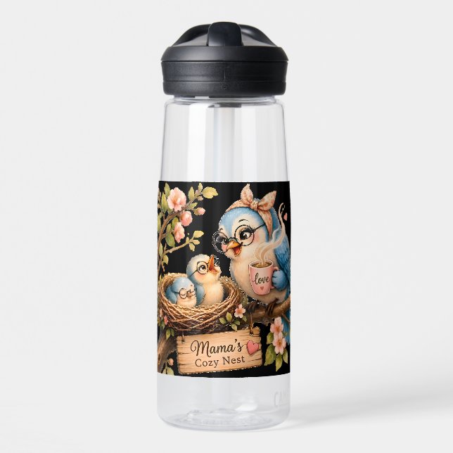 Bouteille d'eau noire "Le nid douillet de maman" (Avant)