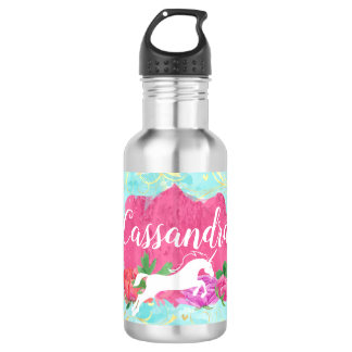 Bouteille D'eau Nom bleu de filles de rose de licorne de fleur
