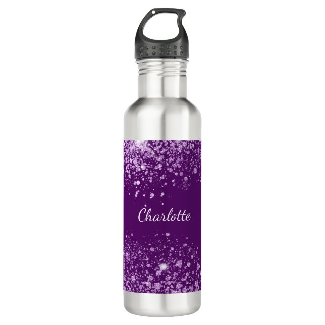 Bouteille D'eau Nom de monogramme de parties scintillant violette  (Devant)