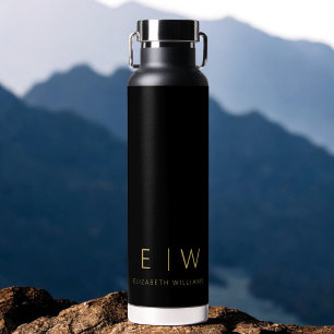 Bouteille D'eau Nom de monogramme minimaliste en or noir classique
