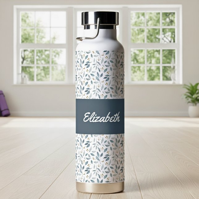 Bouteille D'eau Nom de motif botanique à l'aquarelle bleue (Créateur téléchargé)