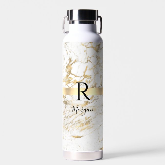 Bouteille D'eau Nom de script & Monogramme noir, Marbre blanc et o (Avant)