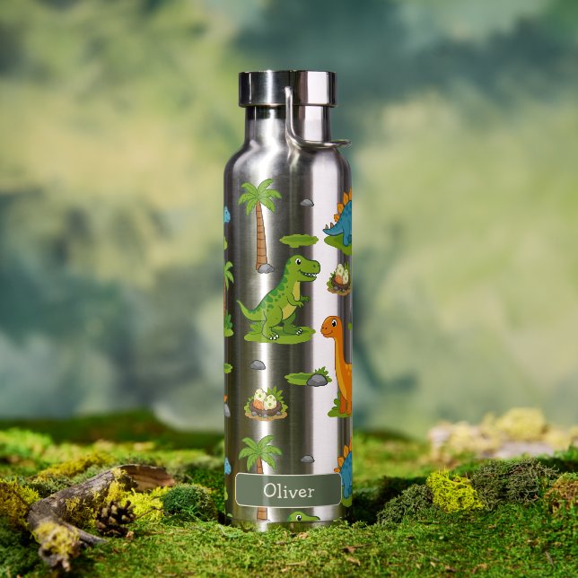 Bouteille D'eau Nom d'enfants de dinosaure mignon école (Extérieur (pivotée))