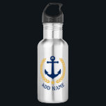 Bouteille D'eau Nom du bateau Ancre nautique Gold Style Laurel Sta<br><div class="desc">Une bouteille d'eau personnalisée en acier inoxydable avec votre nom de bateau,  nom de famille ou autre texte souhaité. Doté d'une ancre nautique conçue sur mesure,  de feuilles de lauriers de style or et d'un emblème d'étoiles. Fait un grand cadeau pour toute occasion.</div>