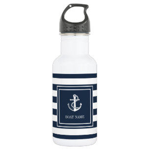 Bouteille D'eau Nom du bateau rayure bleu marine ancre nautique