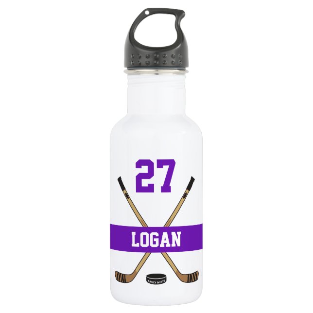 Bouteille D'eau Nom du joueur de hockey personnalisé Numéro violet (Devant)