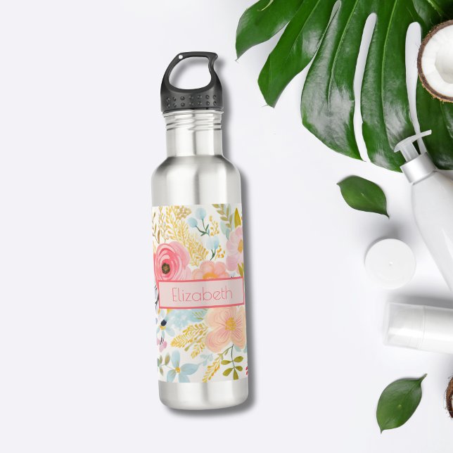 Bouteille D'eau Nom du monogramme Aquarelle végétale rose (Monogram Name Initials Pink Floral Watercolor Botanical Stainless Steel Water bottle)