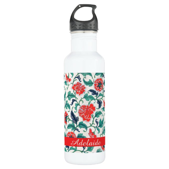 Bouteille D'eau Nom du monogramme du modèle floral rouge et vert (Devant)