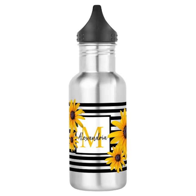 Bouteille D'eau Nom du monogramme Fleur jaune Bande noire (Gauche)