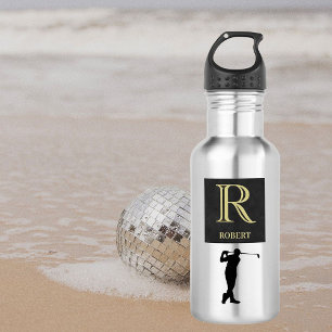 Bouteille D'eau Nom du monogramme Gold Black Golfeur