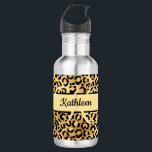 Bouteille D'eau Nom du monogramme Léopard d'or noir Cheetah Imprim<br><div class="desc">Monogramme cette empreinte de léopard tendance guépard imprimé bouteille d'eau en acier inoxydable noir et or avec son nom et son initiale.</div>