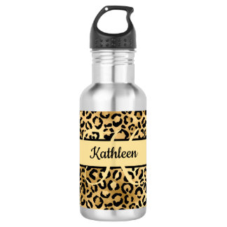 Bouteille D'eau Nom du monogramme Léopard d'or noir Cheetah Imprim