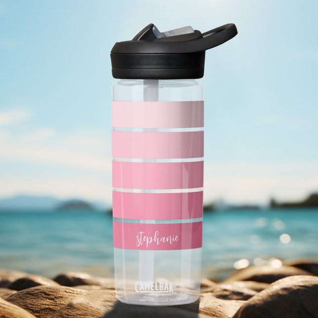 Bouteille D'eau Nom du script personnalisé du Motif rayé corail et (Personalized water bottle with retro stripes and your name)
