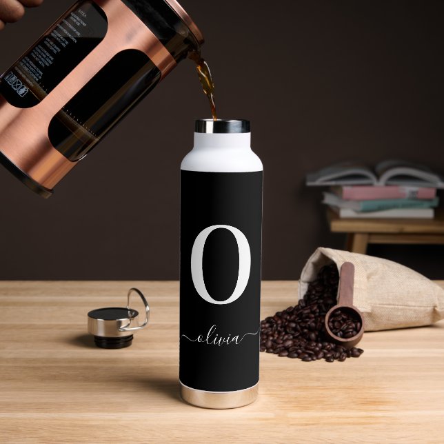 Bouteille D'eau Nom en écriture Monogramme Personnalisé Noir et Bl (Gym)