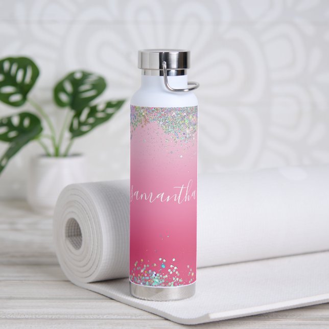 Bouteille D'eau Nom en écriture monogramme rose paillettes girly g (Yoga)