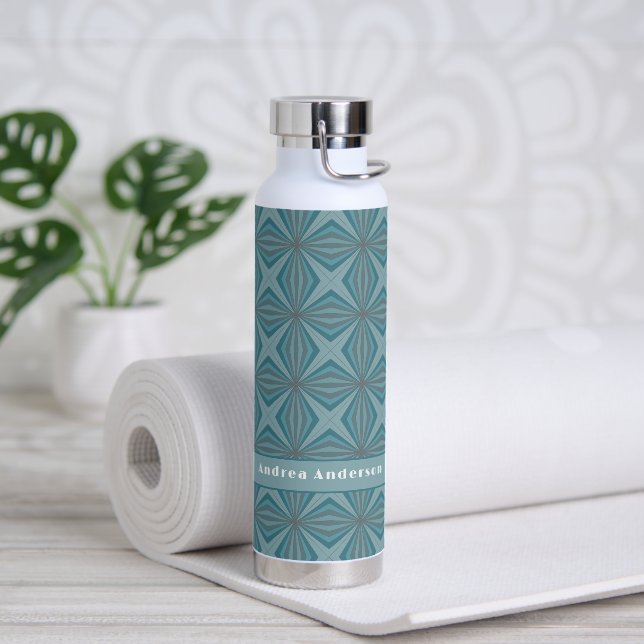 Bouteille D'eau Nom et motif rétro en turquoise et gris muet (Yoga)