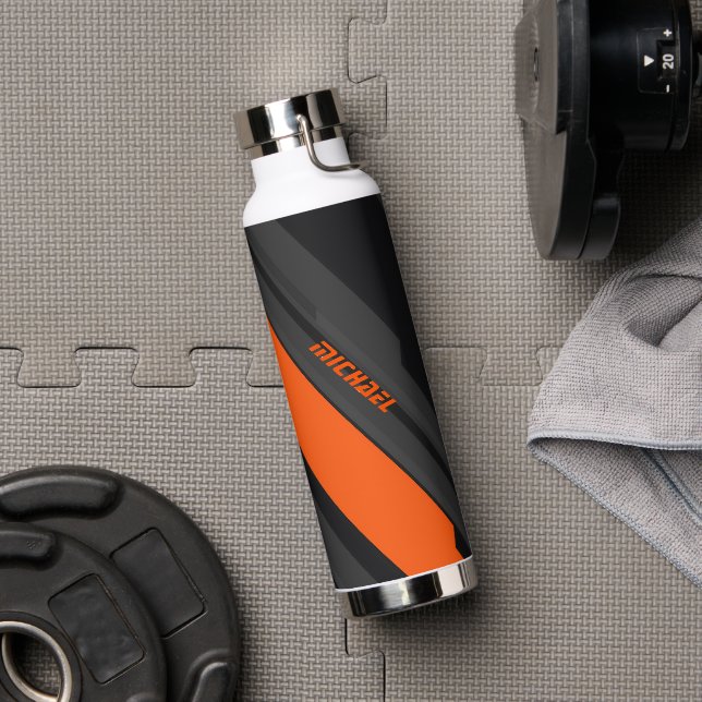 Bouteille D'eau Nom Géométrique Orange Noir Moderne (Salle de sport (pivotée))
