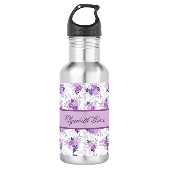 Bouteille D'eau Nom Monogramme Fleurs Rose Violet Filles  (Devant)